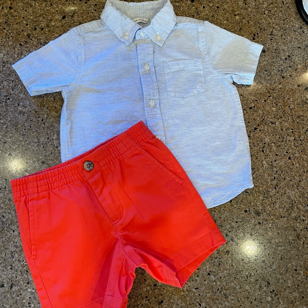 Janie and Jack Light Blue Striped Shirt and shorts